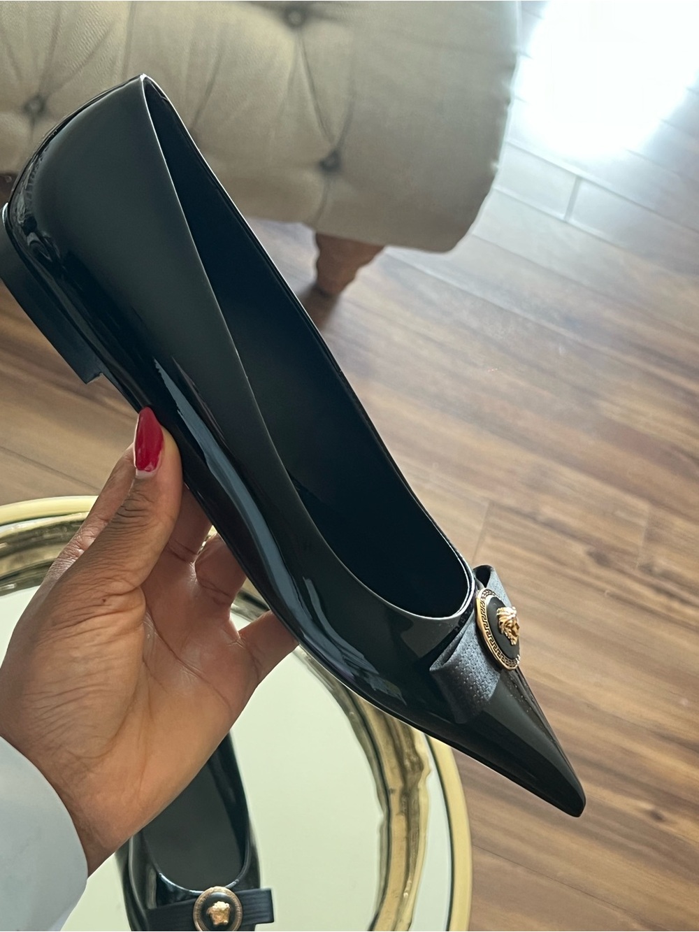 Versace Black Patent Pointed Toe Flats with Gold Medusa Medallion - Picture 7 of 13